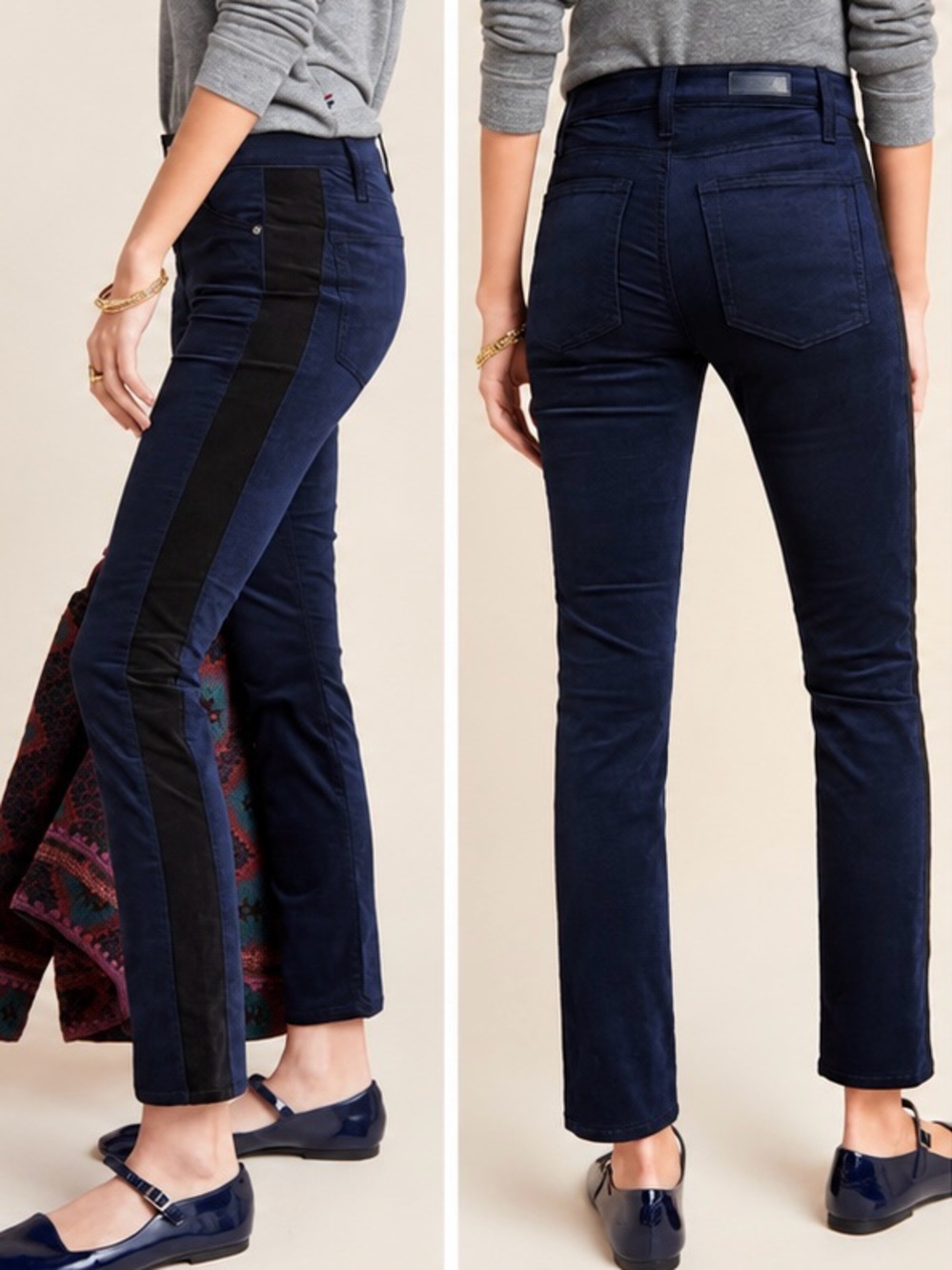 NWT AG Anthropologie Mari Tuxedo Stripe Velvet Pants Size 25 Navy High Rise